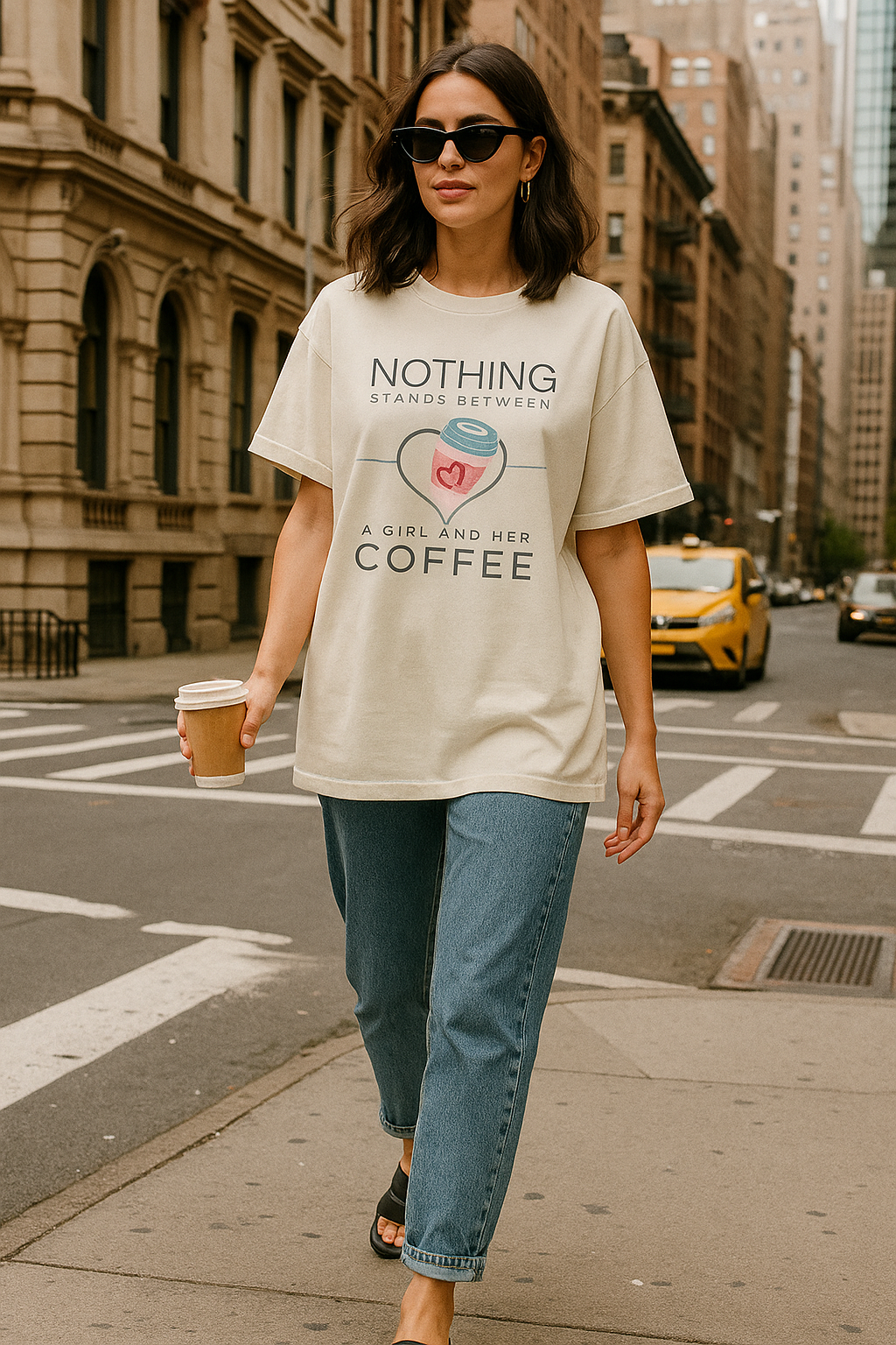 ZVRO “Nothing Stands Between a Girl and Her Coffee” Oversized Tee – White & Off-White | Trendy Coffee Quote T-Shirt for Women