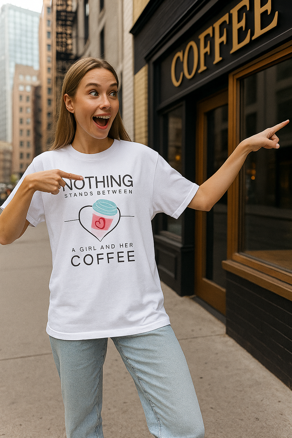 ZVRO “Nothing Stands Between a Girl and Her Coffee” Oversized Tee – White & Off-White | Trendy Coffee Quote T-Shirt for Women