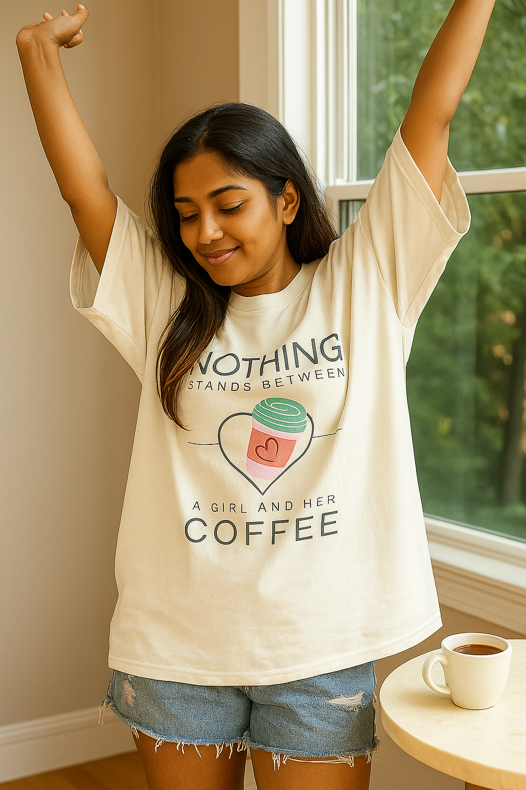 ZVRO “Nothing Stands Between a Girl and Her Coffee” Oversized Tee – White & Off-White | Trendy Coffee Quote T-Shirt for Women