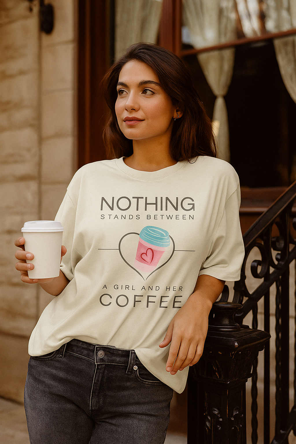 ZVRO “Nothing Stands Between a Girl and Her Coffee” Oversized Tee – White & Off-White | Trendy Coffee Quote T-Shirt for Women