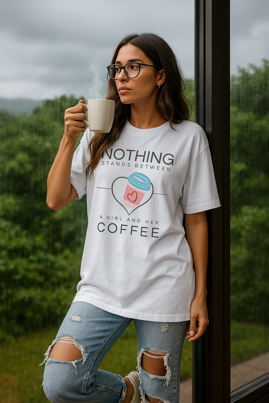 ZVRO “Nothing Stands Between a Girl and Her Coffee” Oversized Tee – White & Off-White | Trendy Coffee Quote T-Shirt for Women